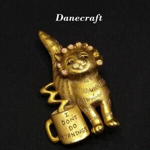 Vintage Danecraft Cat Brooch, Pink Enamel, Mug "I Don't Do Mornings" Pin, 1960s
